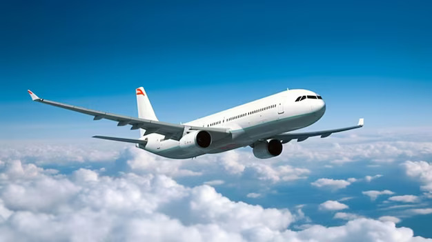 Airplane in flight representing international exposure for African talents